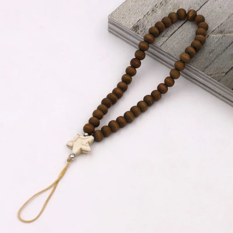Braune Holzperlen Handykette mit weißem Stern
