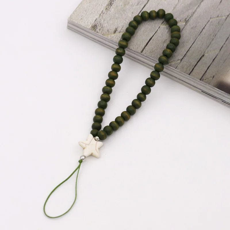 Dunkelgrüne Holzperlen Handykette mit weißem Stern