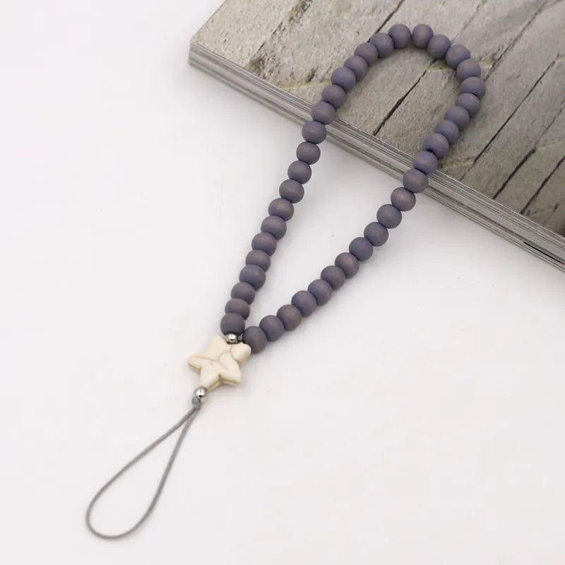 Graue Holzperlen Handykette mit weißem Stern