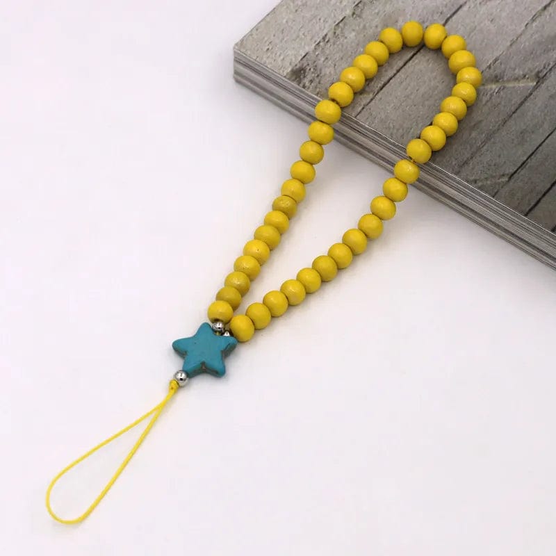 Gelbe Holzperlen Handykette mit blauem Stern