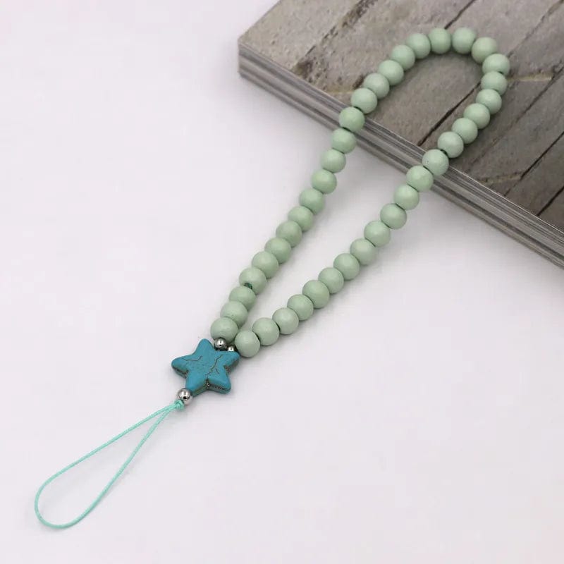 Hellgrüne Holzperlen Handykette mit Sternenanhänger