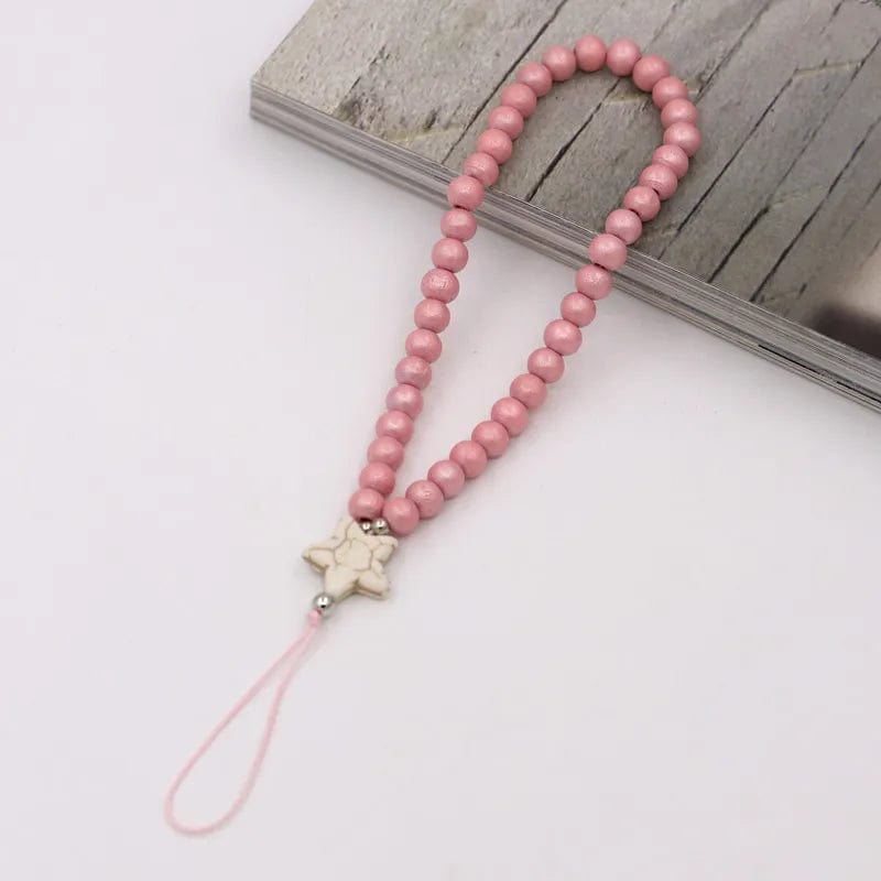 Rosa Holzperlen Handykette mit Sternenanhänger