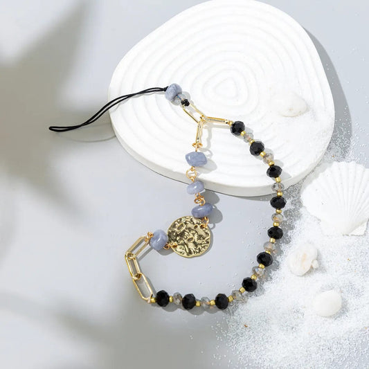 Schwarze und blaue Perlen Handykette mit Goldmedaille