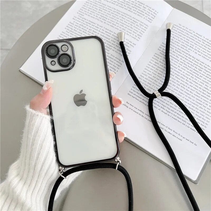 Transparente Handyhülle mit schwarzem Rand und Gurt