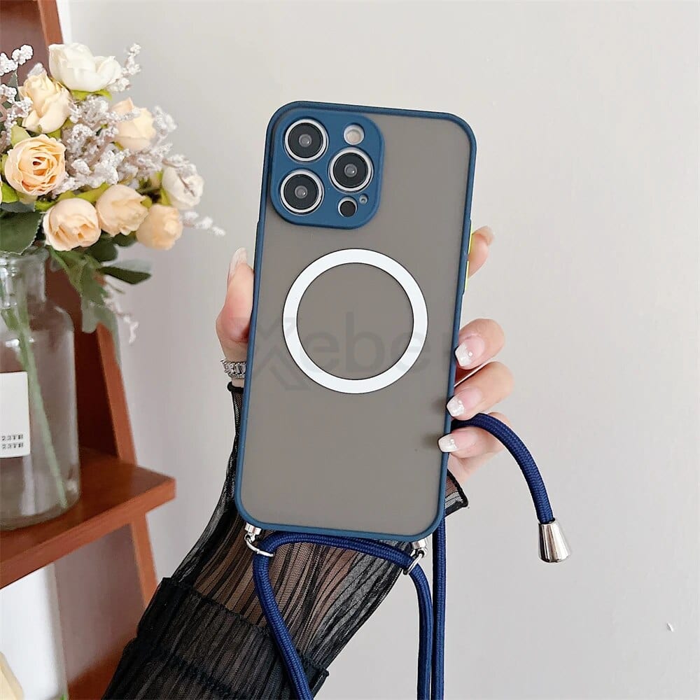 Transparente Magsafe Handyhülle mit blauem Gurt