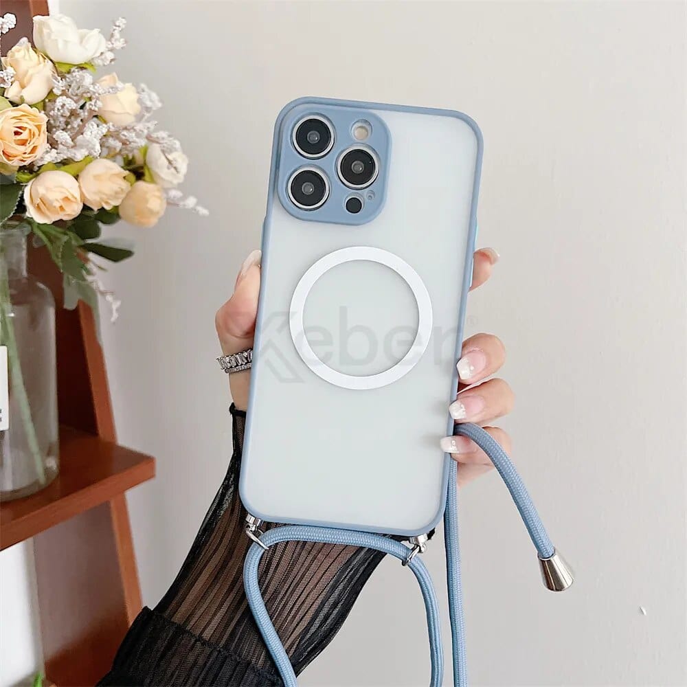 Transparente Magsafe Handyhülle mit hellblauem Gurt