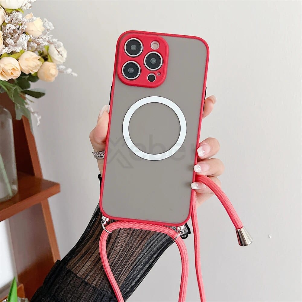 Transparente Magsafe Handyhülle mit rotem Gurt