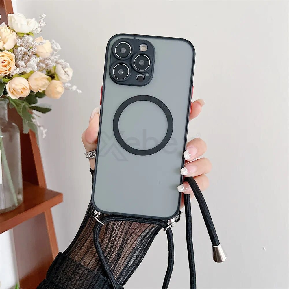 Transparente Magsafe Handyhülle mit schwarzem Gurt